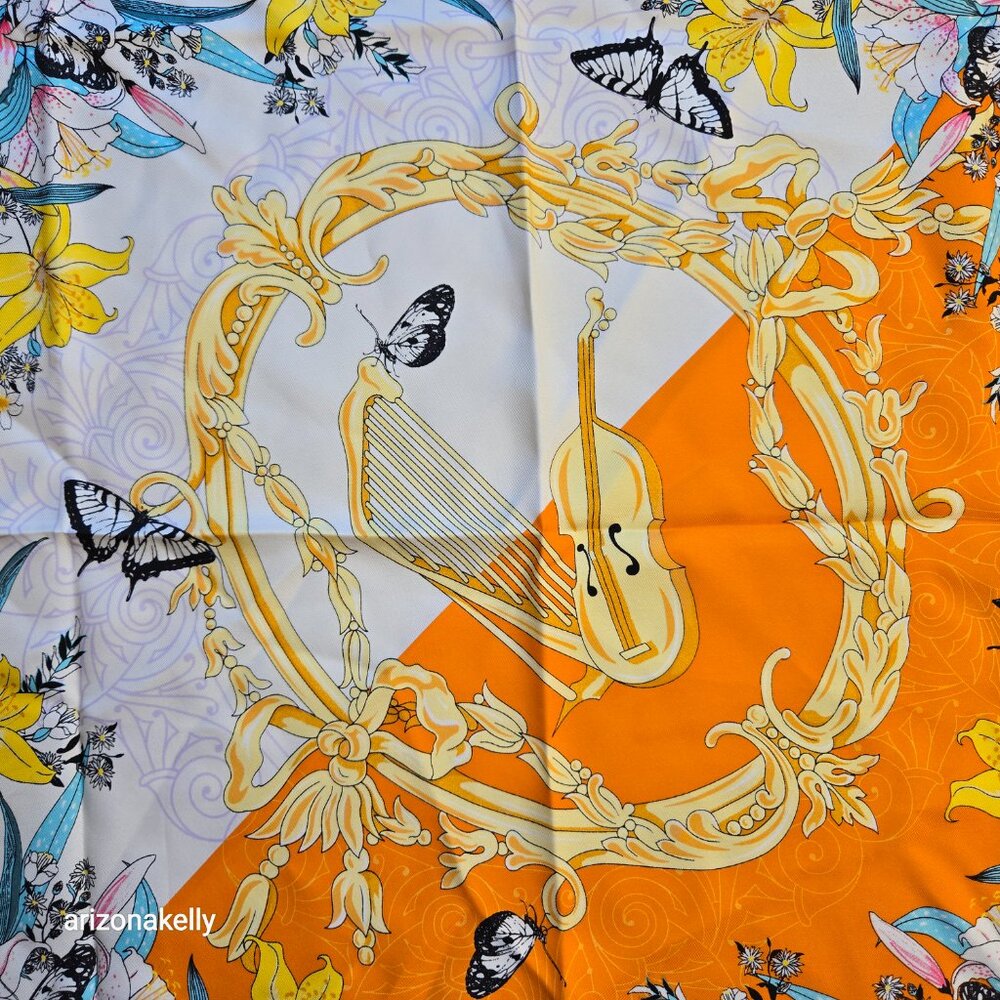 NWT Silk Scarf Hand Rolled Floral Violin Butterflies - Picture 6 of 8
